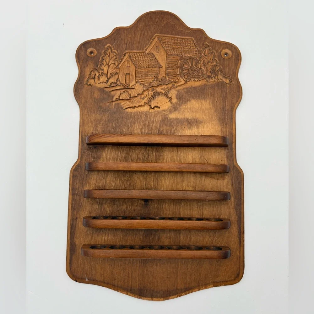 Vintage Wooden Thimble Rack Display with Carved Water Wheel Mill Design